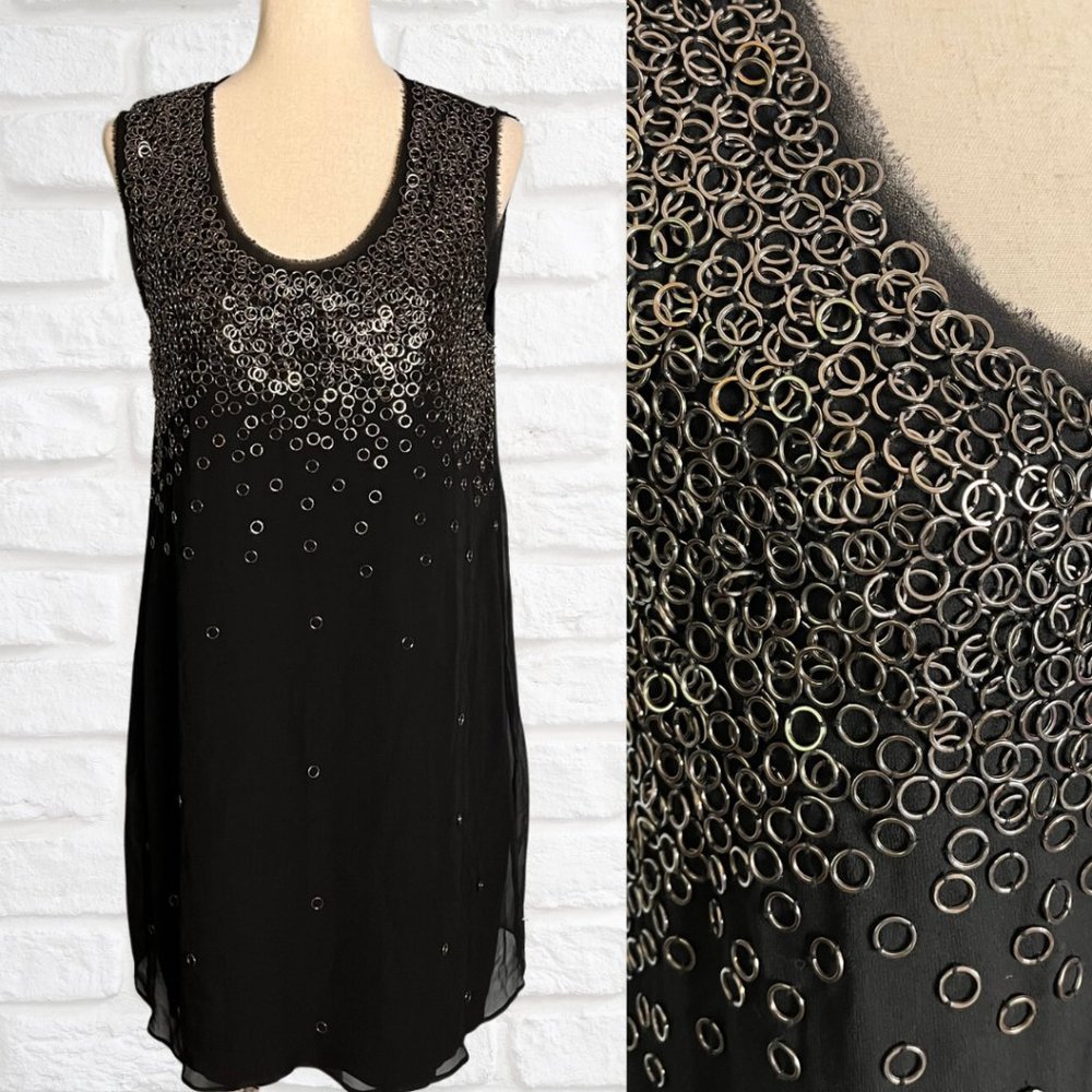 Elie Tahari Sleeveless Black Shift Dress Metal Ring Circles Sz M Silk Short